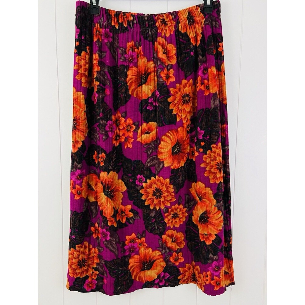 Jacque & Koko Purple & Orange Floral Long Maxi Skirt Elastic Pleated Plus 26/28